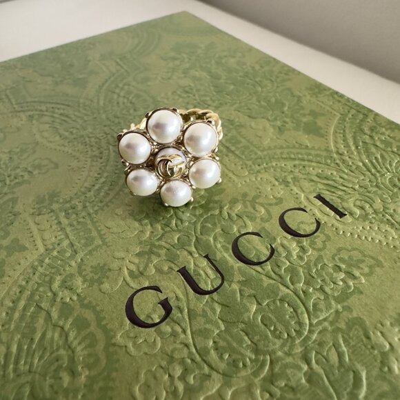 NEW GUCCI Ring Pearl Double G GG Logo Gold Sz L 100% Authentic - Picture 8 of 9